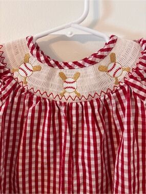 Clover Cottage Girls Red Gingham Smocked Romper  with Baseball Embroidery